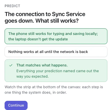 The same prediction on a phone, in light mode: the question, two answers, and the confirmed answer highlighted in green.